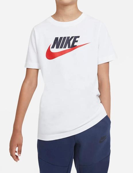 Vueltas y vueltas Natura canto Camiseta Nike Sportswear blanca y roja para niños